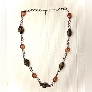 Vintage Fuzzy Leopard & Lucite Beaded Long Chain Necklace Fashion 80s Retro‎